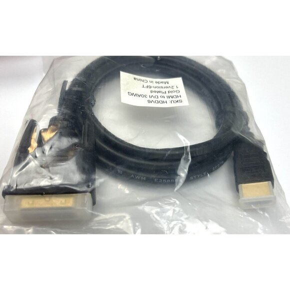 6' Black HDMI to DVI Gold Plated CABLE Cord 30AWG 1.2 Version HDDV6 NIP NEW - Picture 2 of 2